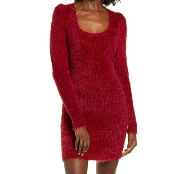 4Si3nna Dresses & Skirts - 4Si3nna red mini fuzzy puff sleeve sweater dress M